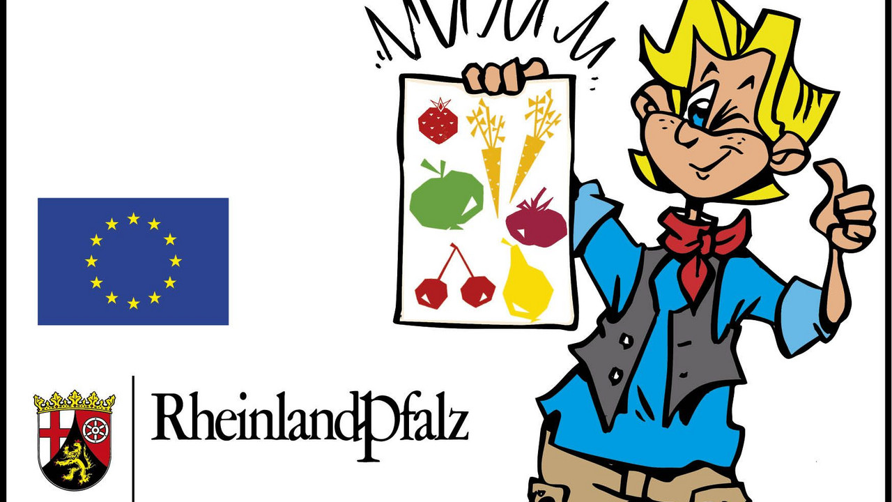 Logo Europäisches Schulprogramm Rheinland-Pfalz - Die Grafik zeigt ein Junge als Karikatur der ein Plakat in der Hand hält. Auf dem Plakat sind verschiedene Obst und Gemüsesorten zu sehen. Die Logos der Europäische Union und des Landes Rheinland-Pfalz sind auch auf der Grafik. Beide unterstützen diese Programm.