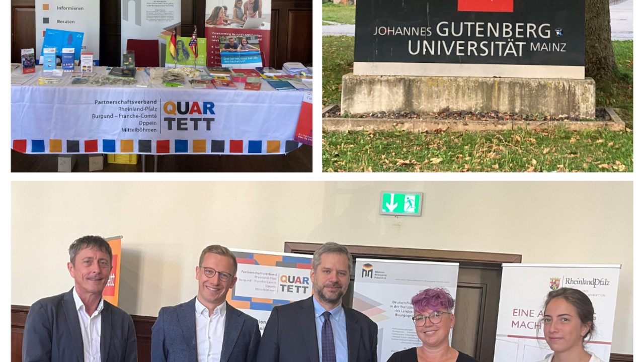 v.r.n.l.: Silvain Thollon, Direktor des Institut Français in Mainz Jonathan Spindler, Geschäftsführer des Partnerschaftsverbands Nicolas Bergeret, französischer Generalkonsul Monika Dusaux, Stabsstelle Europa und Internationales für Schulen, ADD RLP Noémie Jumel, Freiwillige beim Partnerschaftsverband